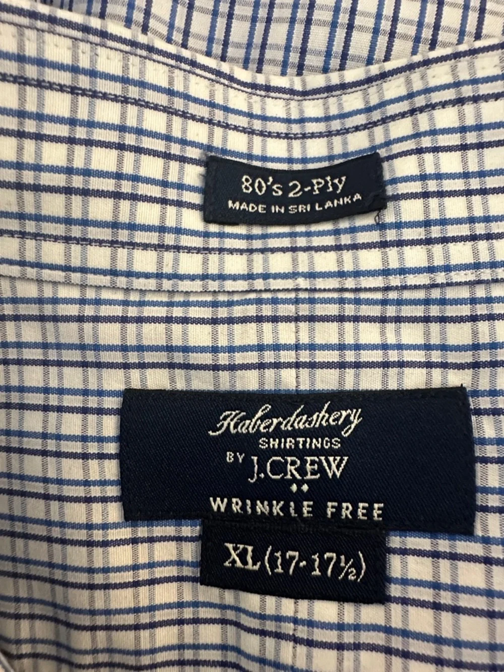 J. Crew Haberdashery Men's Wrinkle Free 80's‎ 2-Ply Blue White Plaid Dress Shirt
